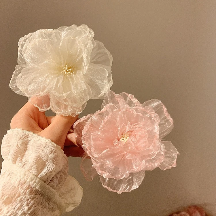 温柔花朵发夹冷清感网纱欧根纱超仙刘海侧面边夹发卡夏季新款头饰