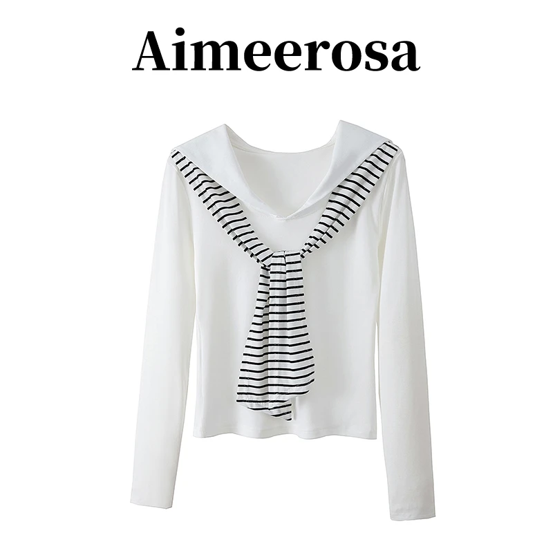 Aimeerosa/艾洛莎秋冬季海军领条纹披肩长袖T恤大码女装微胖上衣