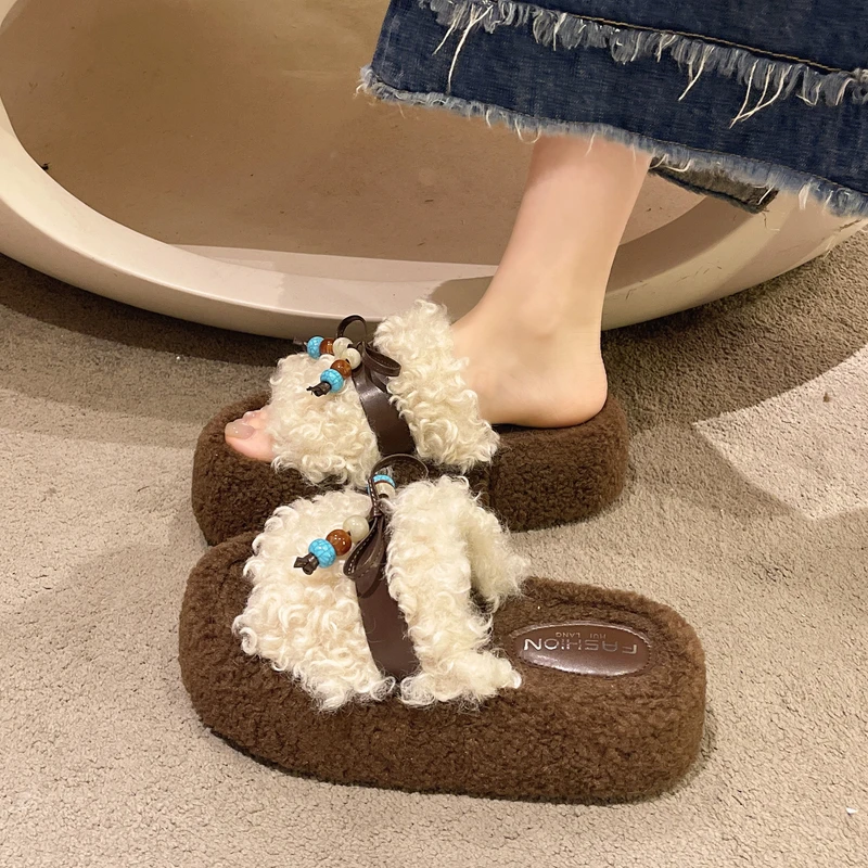 厚底增高5CM小个子毛毛拖鞋女秋冬季外穿2025新款保暖一字棉拖鞋