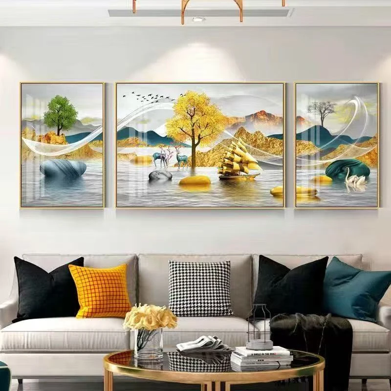 Z236山水聚财现代简约客厅装饰画轻奢挂画三联画沙发背景墙画