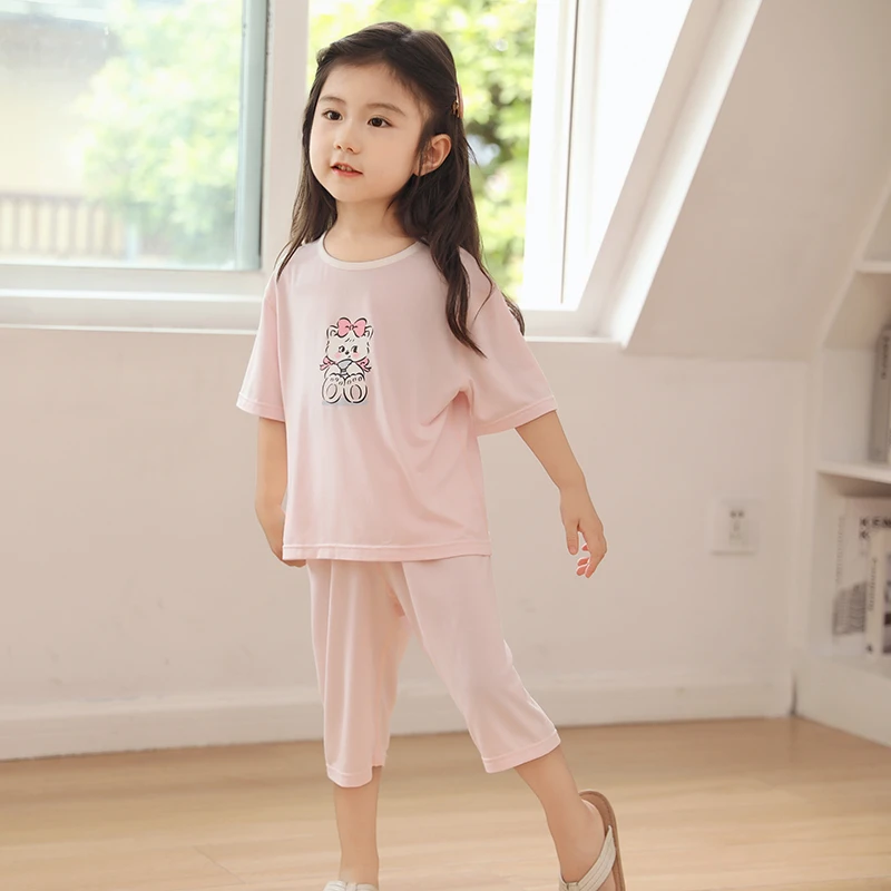 E13  儿童莫代尔家居服套装  蝴蝶粉熊