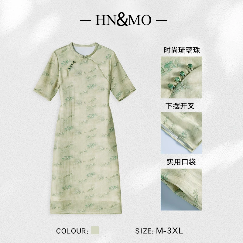 KA69801夏季新款改良旗袍纯苎麻印花斜襟中袖文艺中国风连衣裙