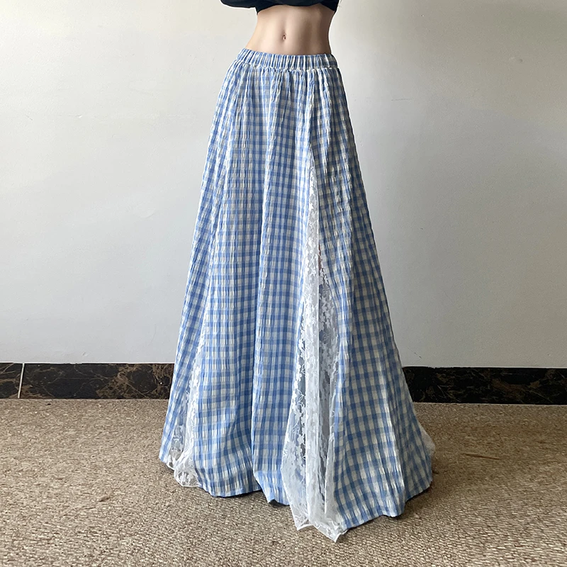 气质辣妹蕾丝拼接蓝色格纹半身裙女春夏新款高腰显瘦百搭A字长裙