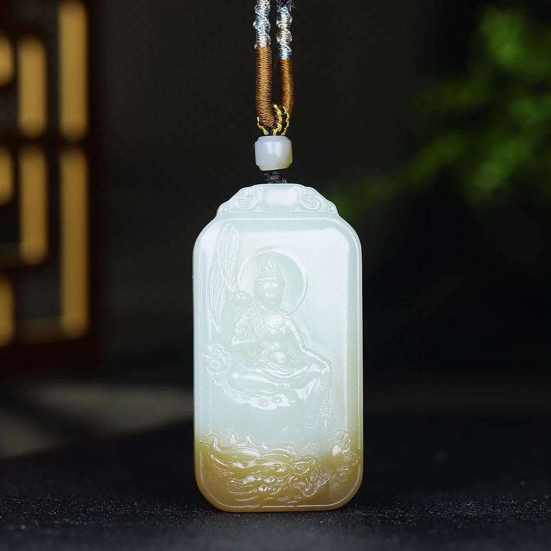 1118165和田玉糖白玉乘龙观音玉牌