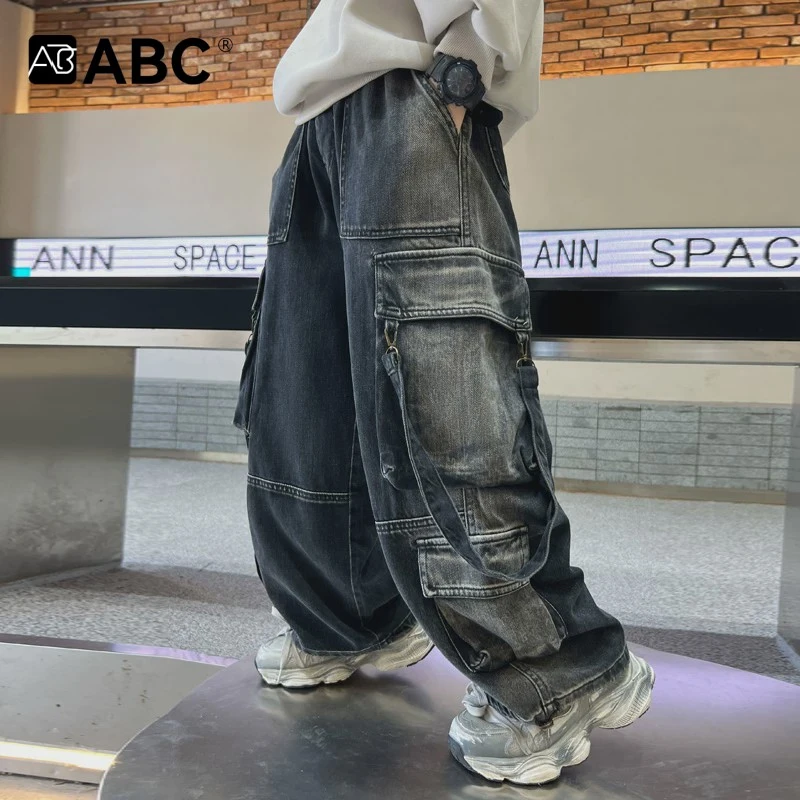 ABC男童裤子2025新款秋装牛仔裤春秋款中大儿童秋冬加绒工装裤男