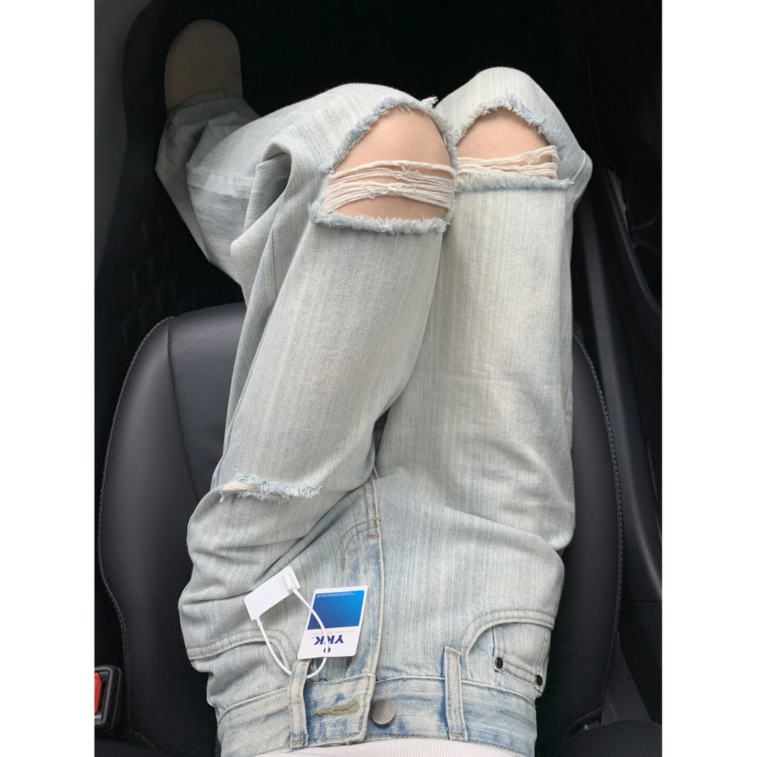 竹节纹理破洞阔腿牛仔裤女夏季2025新款高腰显瘦窄版直筒拖地裤