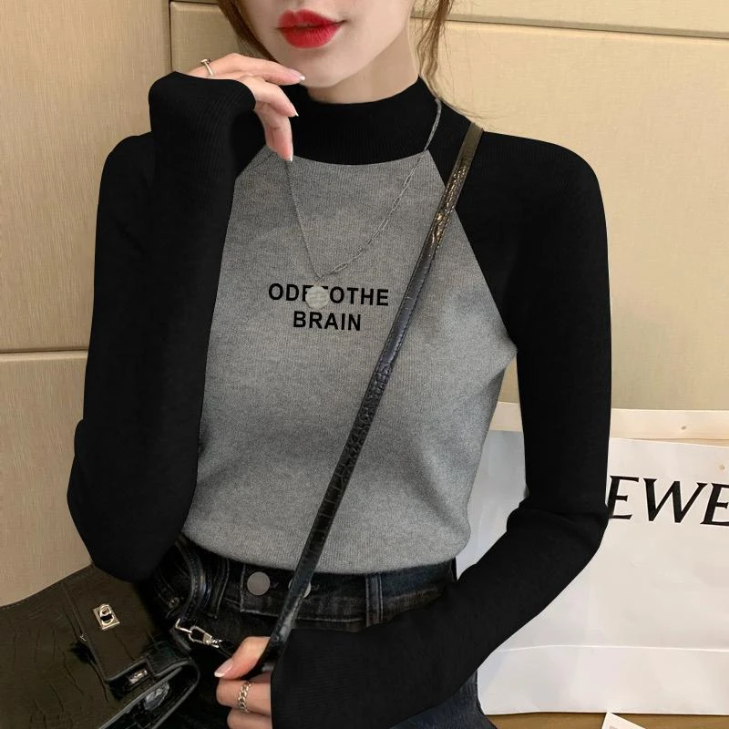 2025秋冬新款德绒保暖长袖T恤女修身显瘦内搭撞色拼接别致打底衫