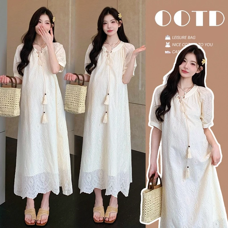孕妇连衣裙2025新款夏季孕妈高级穿搭潮妈孕期法式夏装刺绣长裙子