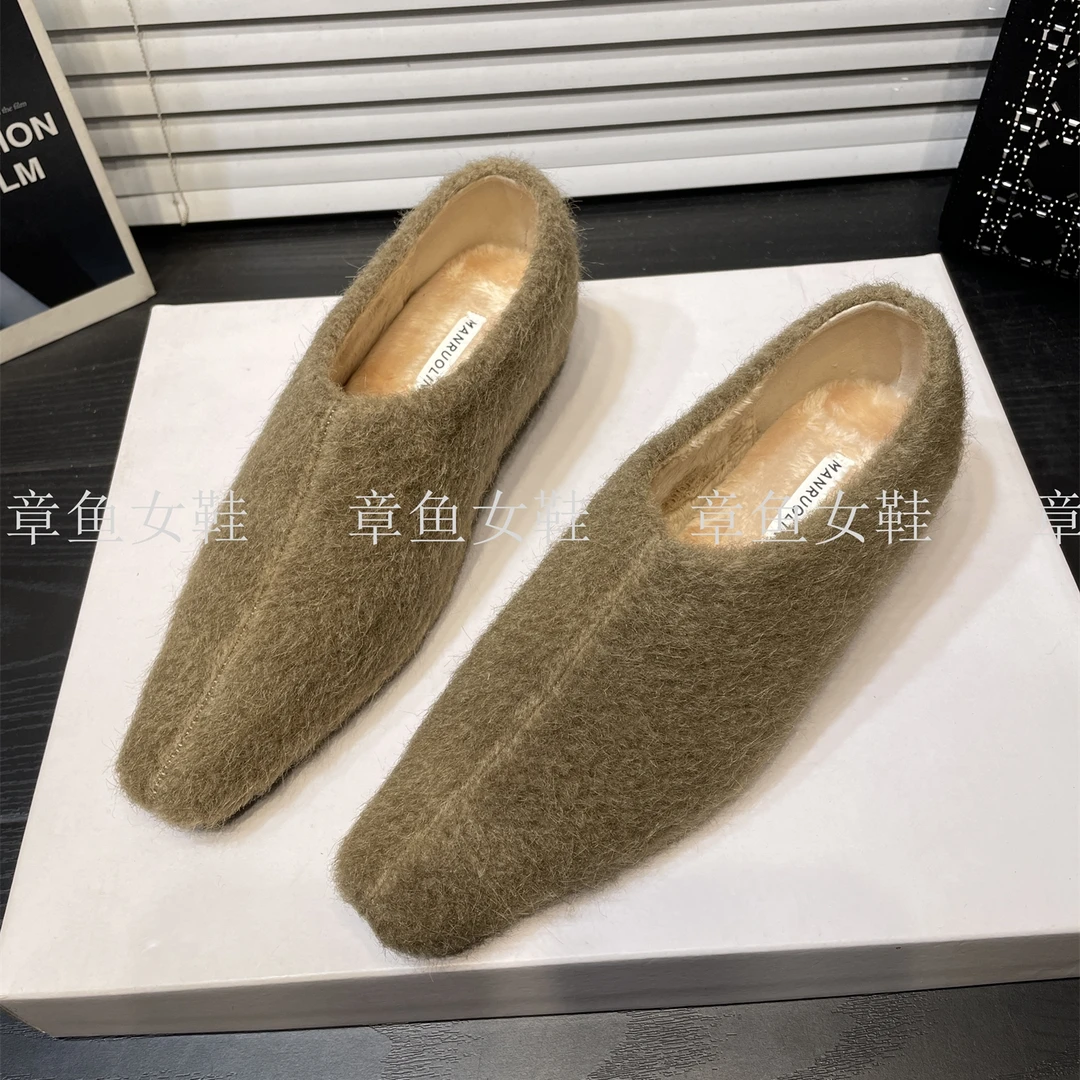 加绒保暖一脚蹬棉鞋女毛毛鞋2025新款秋冬方头毛呢内增高深口单鞋