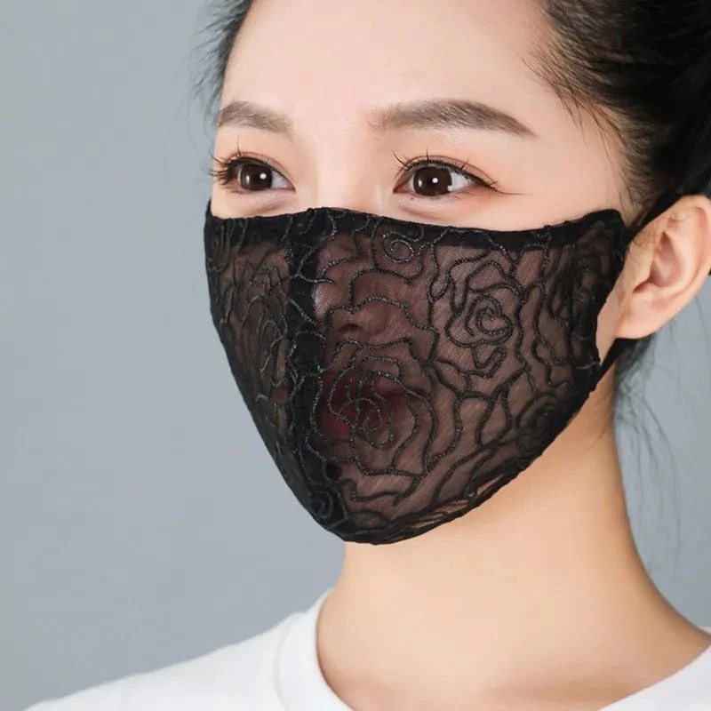 夏日山茶花刺绣透气防护口罩防晒成人防晒口罩面罩蕾丝护脸薄款