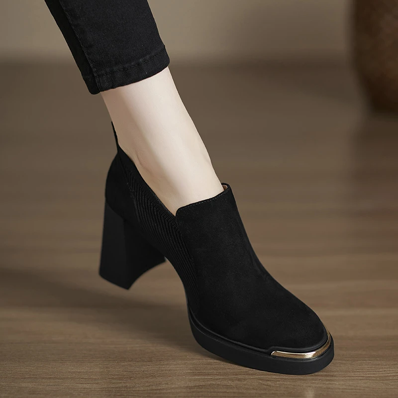 小个子手工女鞋8.3cm~不累脚高跟鞋粗跟厚底针织拼接复古深口单鞋