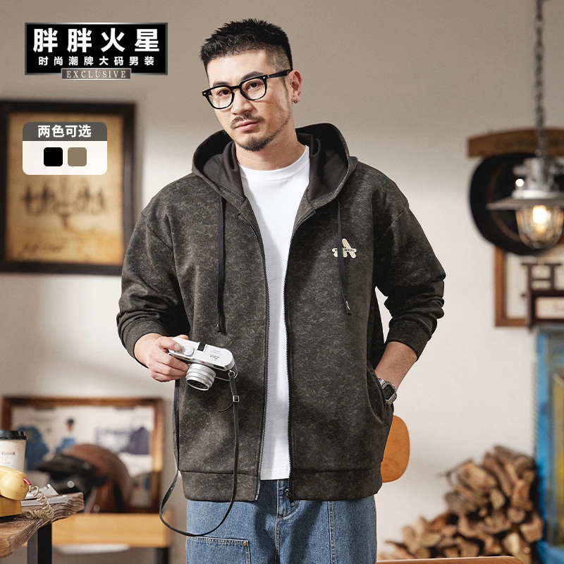 胖胖火星大码男装扎染重磅开衫连帽卫衣男士春季宽松休闲潮流外套