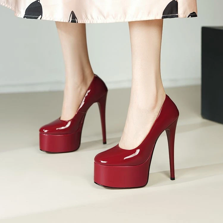 超高跟单鞋女防水台舞台婚鞋走秀漆皮真皮女鞋杏色酒红色白色 NPK