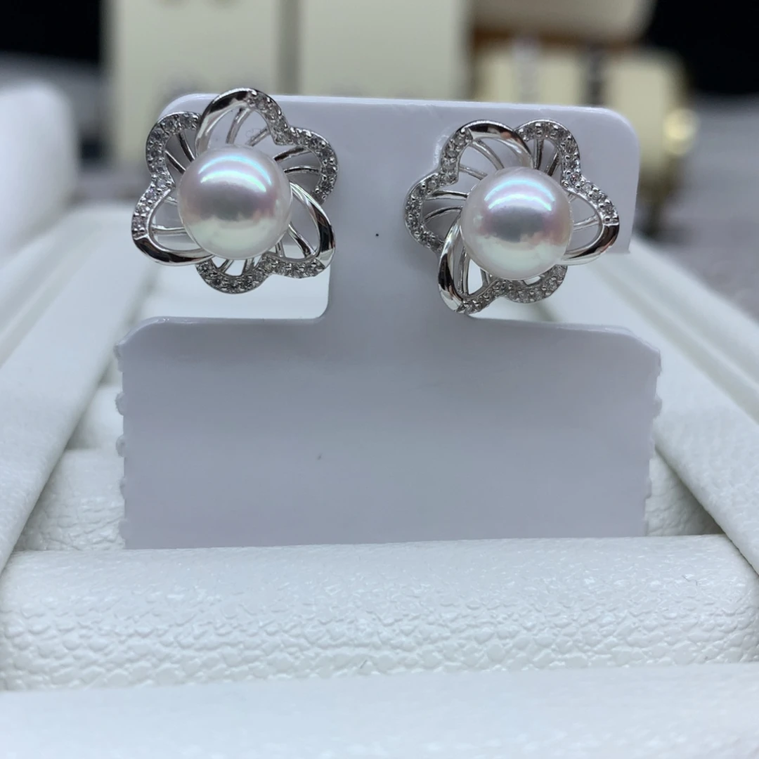 海水珍珠耳饰银S925镶嵌7-8mm海水珍珠耳钉