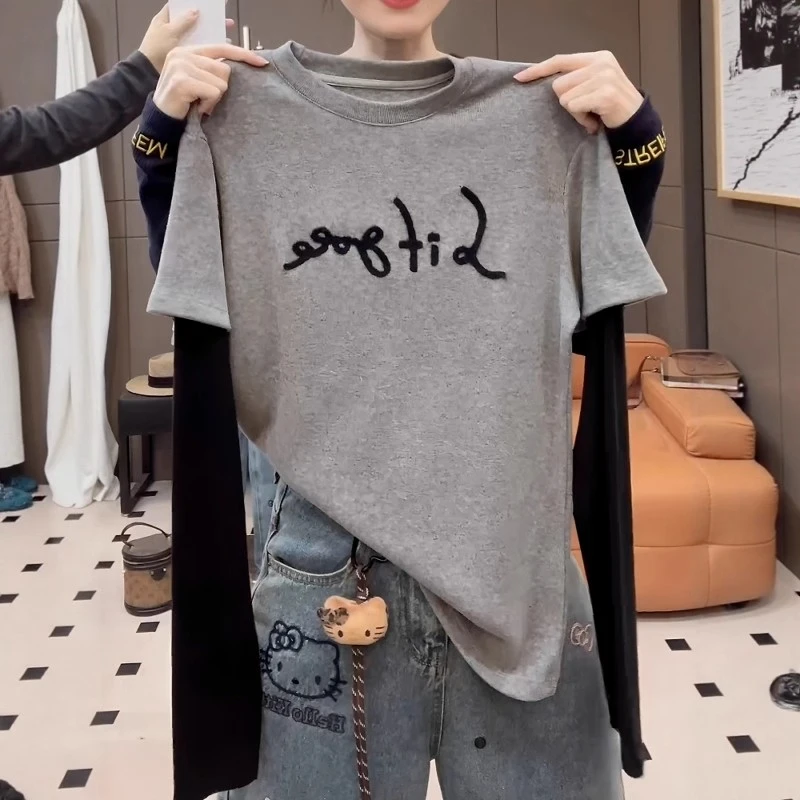 大码女装韩系灰色假两件上衣2025秋季胖mm宽松气质长袖t恤打底衫