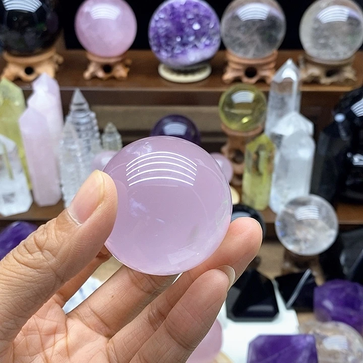 水晶摆件未镶嵌英***?天然粉水晶球7