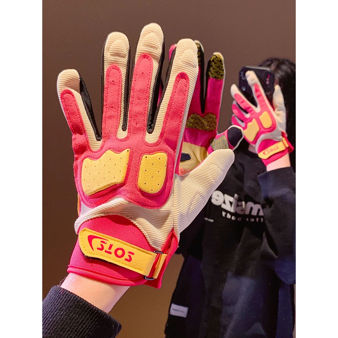 拼色骑行摩托车手套女四季通用减震防滑触屏可爱户外骑车2025新款