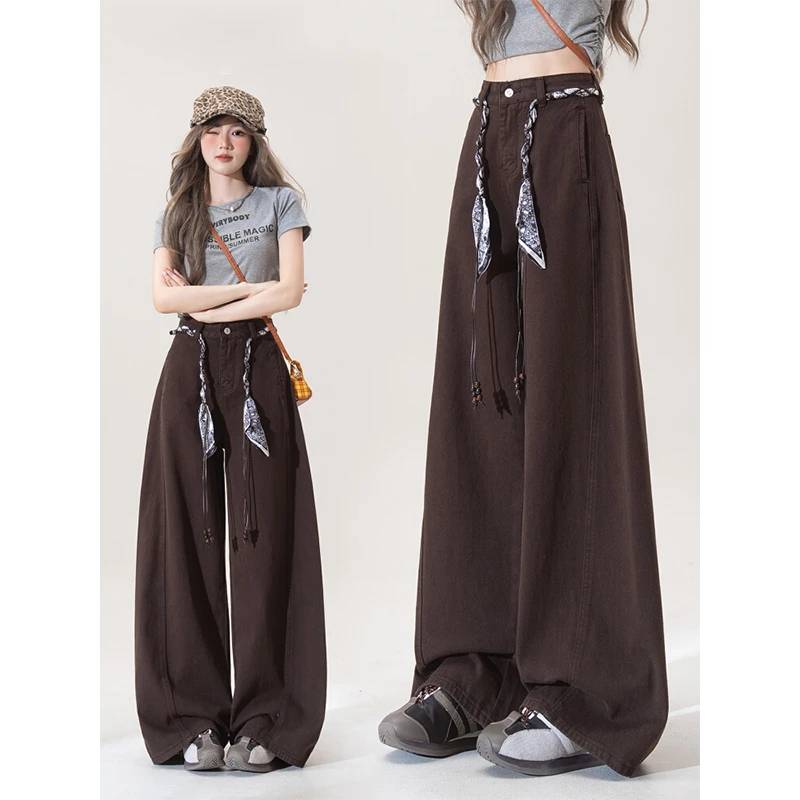 美式复古咖色阔腿牛仔裤女秋季新款高腰宽松显瘦直筒休闲弯刀裤子