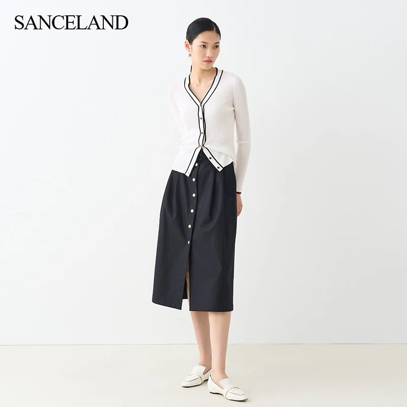 SANCELAND三石一澜秋长绒棉a字裙单排扣宽腰带半身裙SG33102088