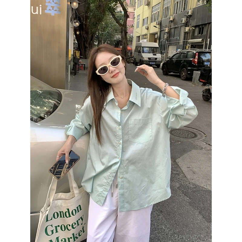 乌77设计感字母刺绣polo领衬衫女休闲慵懒风宽松百搭显瘦长袖上衣