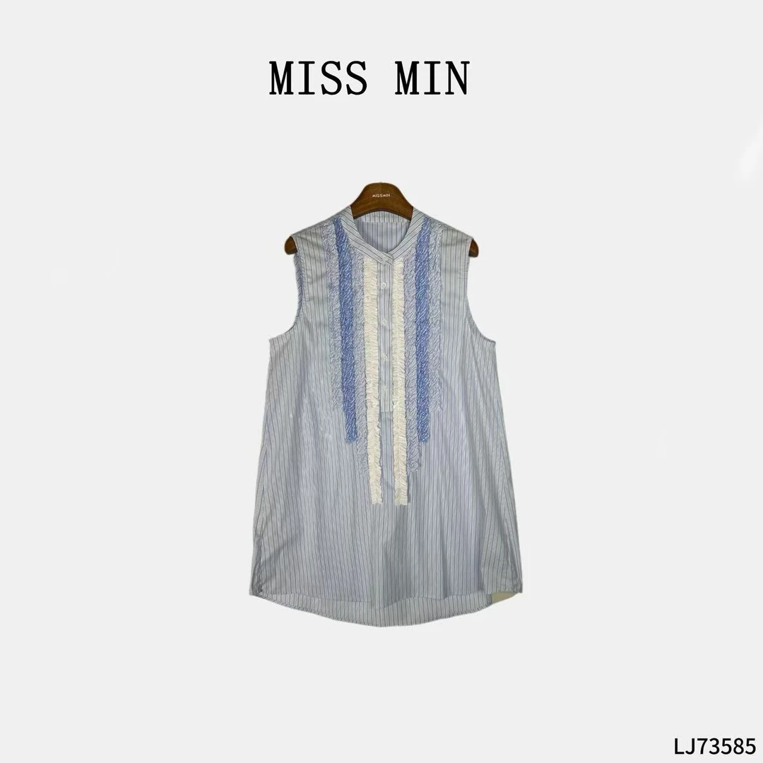 MISS MIN 【蓝白绮纹】撞色洋气衣服无袖衬衣设计感花边衬衫LJ73585