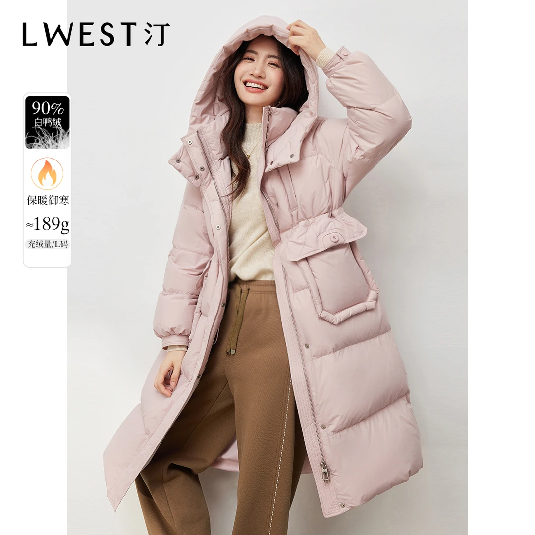 H朗文斯汀2025年冬中长款女外套加厚保暖收腰抽绳90白鸭绒羽绒服