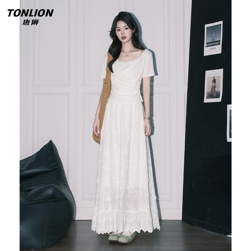 唐狮新款夏日绝美蕾丝A字半身裙女法式白色垂感大摆蛋糕气质长裙
