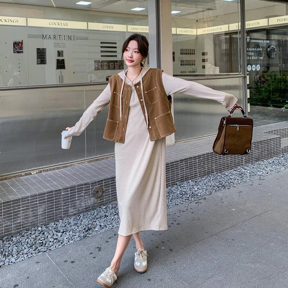 入秋工装马甲秋季运动衫套装春秋2025新款小个子穿搭长裙两件套