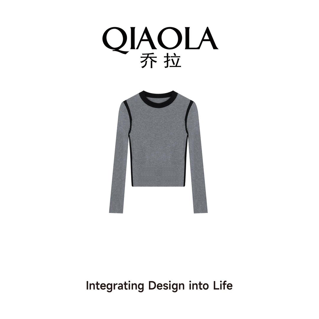QIAOLA/乔拉【拼色暖冬】秋冬季羊毛混纺圆领显瘦A版百搭针织衫预售