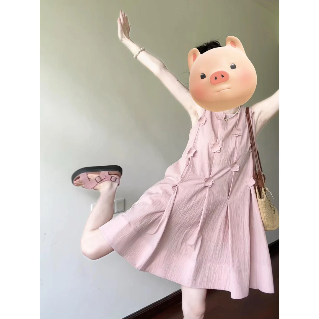【现货】法式甜美粉色立体花朵无袖背心连衣裙女2025年新款裙子