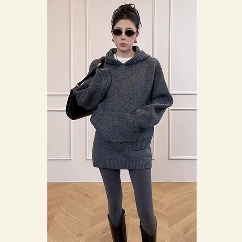 简约韩系针织裙套装女秋冬新款连帽加厚宽松上衣半身包臀裙两件套