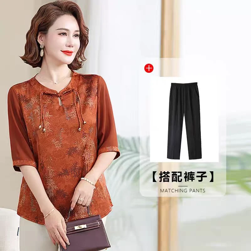 9540-【上衣+裤子】夏季新款新中式中国风气质中袖妈妈装套装（A仓）