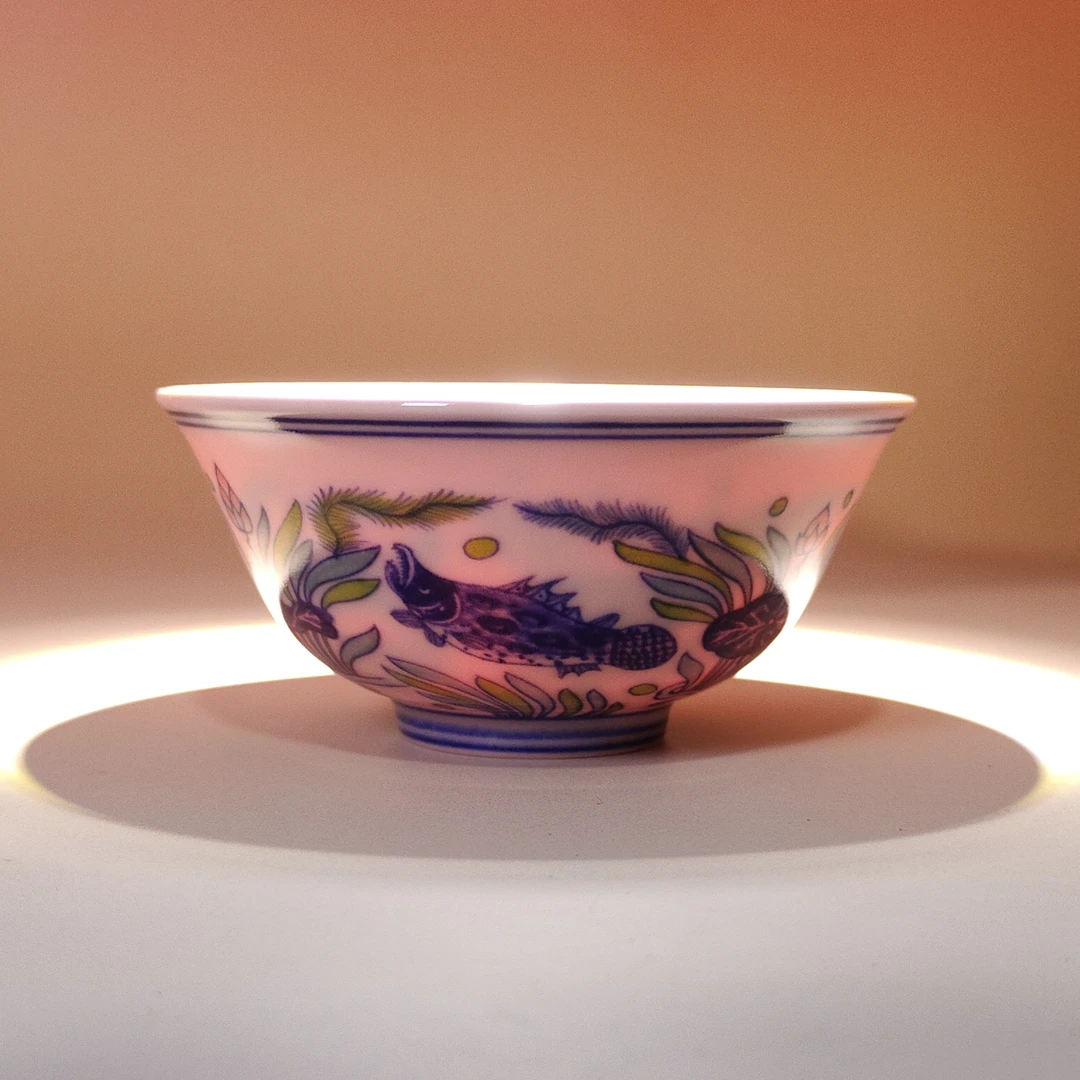 景德镇陶瓷红稀土斗彩鱼藻纹茶杯单杯品茗杯家用主人杯泡茶杯