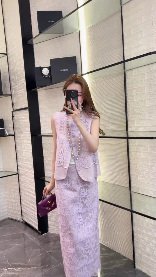 【紫色韵味】小香风时尚套装提花蕾丝边无袖马甲高腰半身裙两件套女