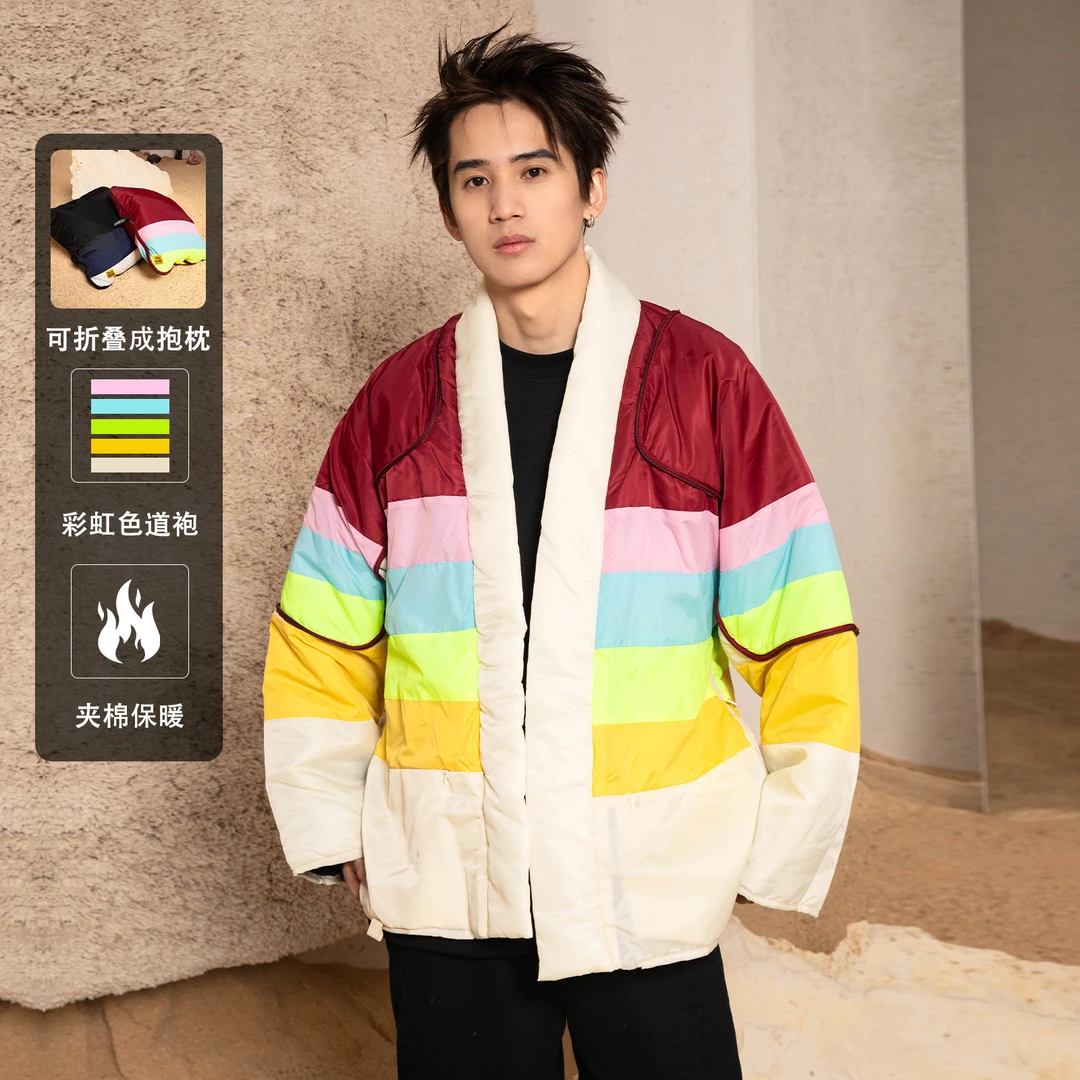 【抱枕棉服】小众设计彩虹糖果拼接色抱枕夹克潮牌道袍休闲夹棉8048