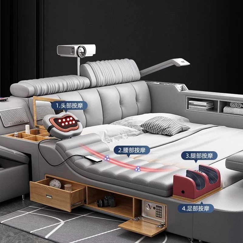 【时间季】智能按摩储物床真皮床主卧双人大床.米床现代简约投影