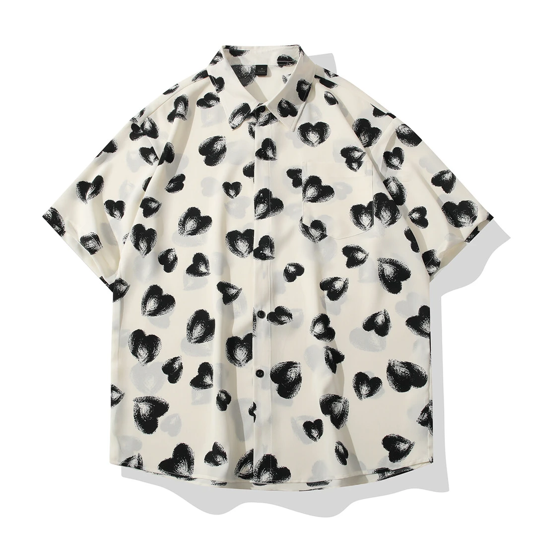 爱心冰丝花衬衫男短袖港风半袖上衣夏季宽松高级感痞帅衬衣薄款潮
