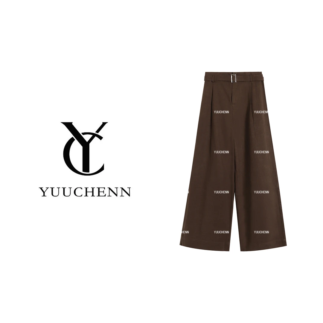 YUUCHENN 高腰长裤西装休闲裤棕色阔腿裤纯色JYY-2512