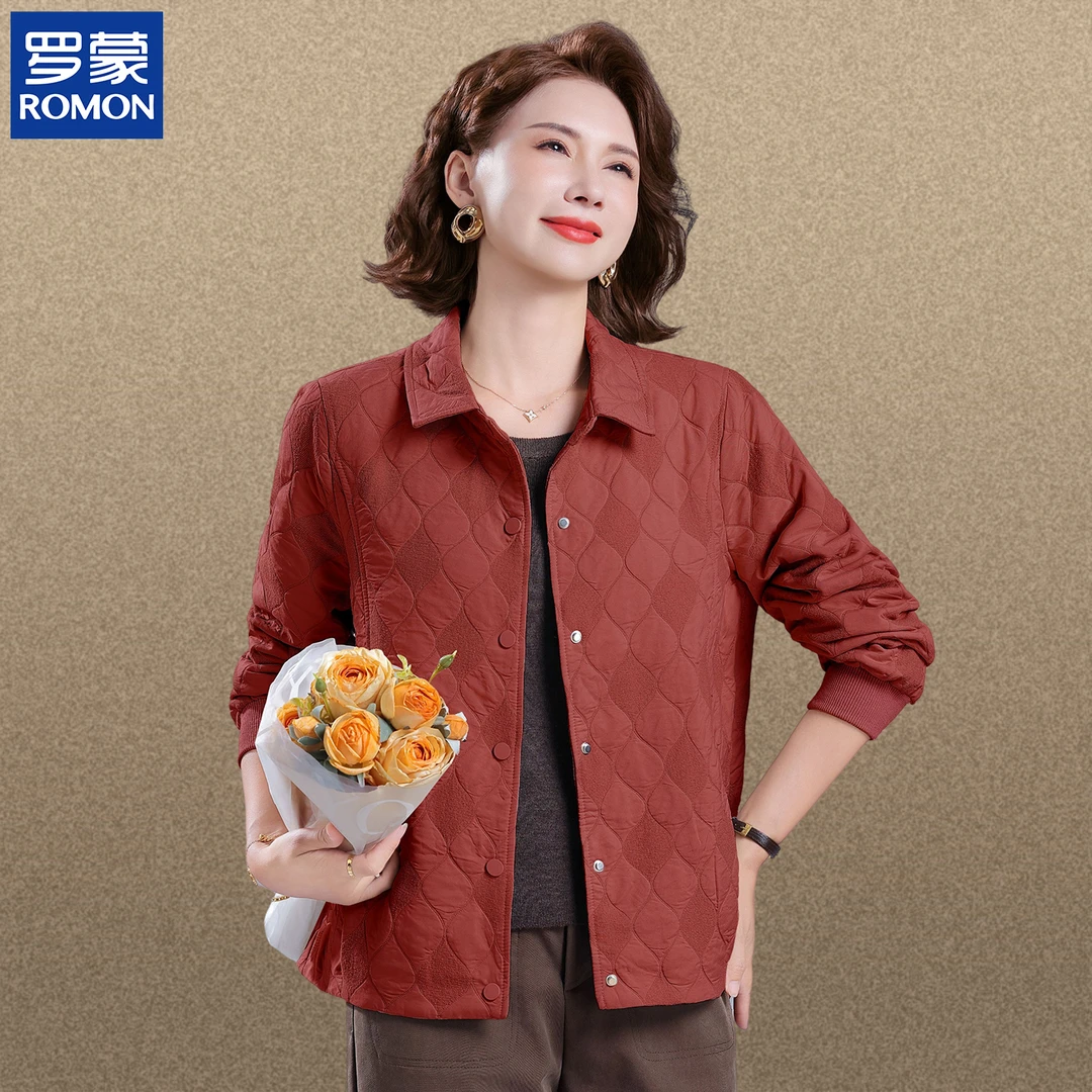 罗蒙名牌妈妈秋装波纹上衣中年气质翻领外套新款秋季纯色印花夹克