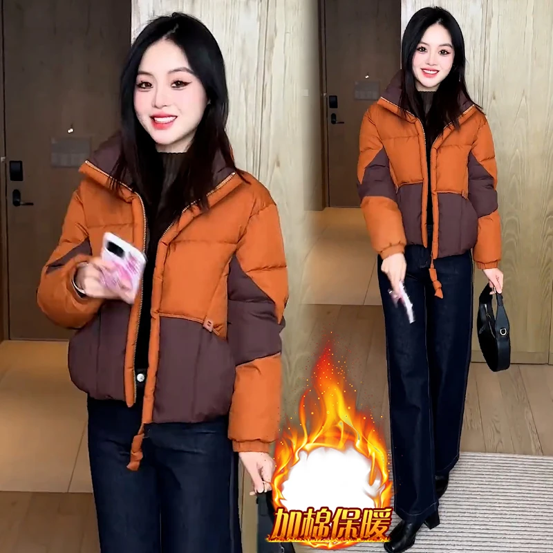 时尚休闲撞色立领气质棉服女2025年冬季新款韩版百搭加厚短外套潮