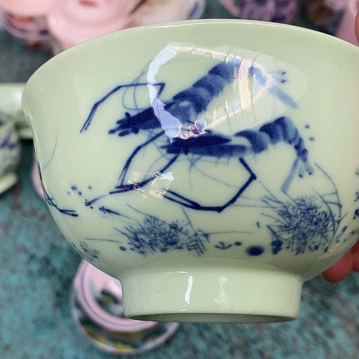 摆件陶绿稀土虾趣图五寸碗