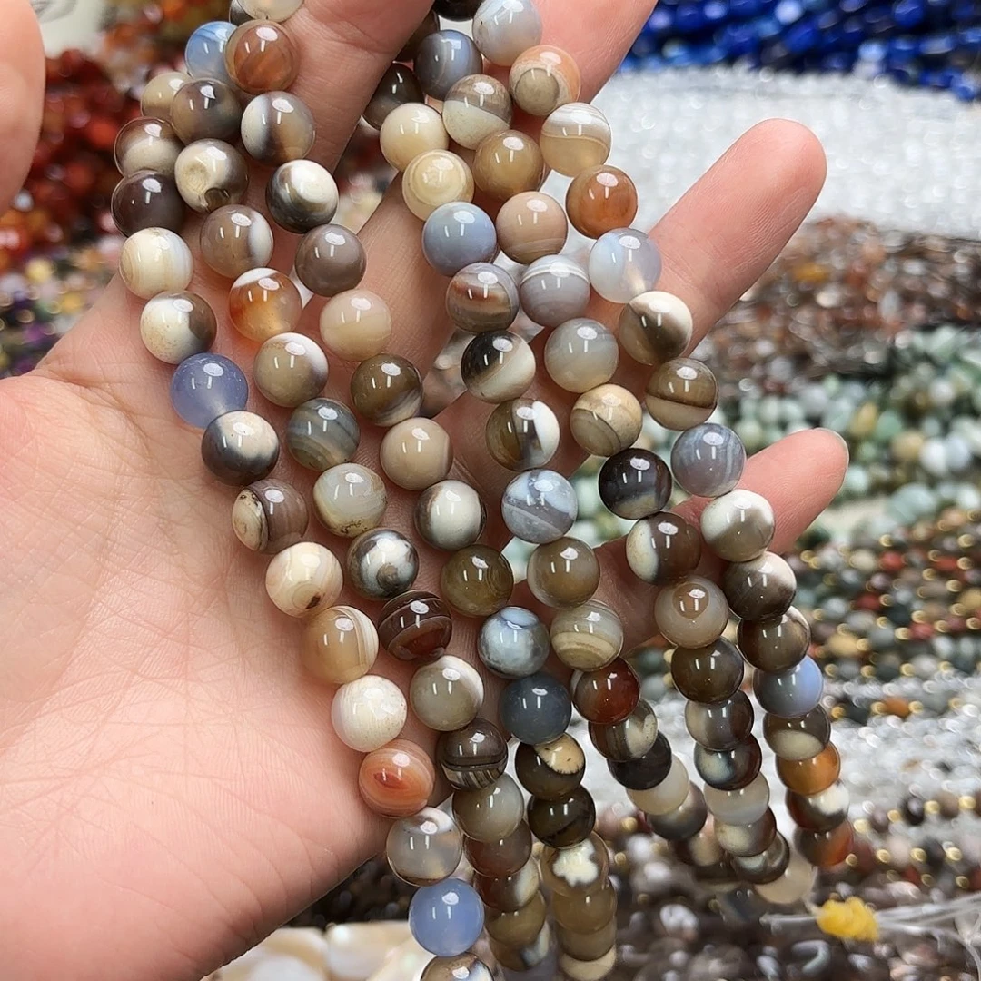 玛瑙/玉髓未镶嵌珠宝半成品卡十蓝咖奶皮玛圆珠一条