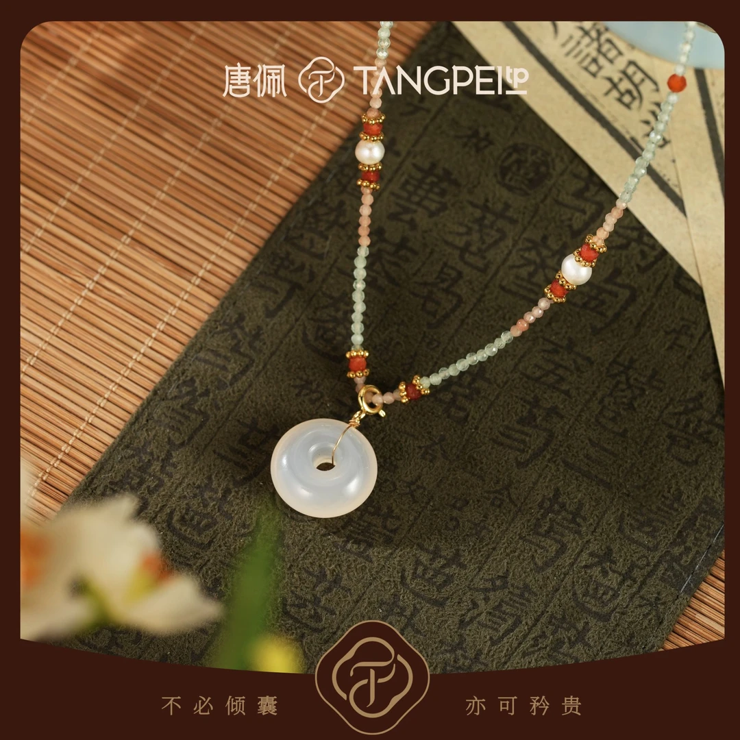 铜合金仿珍珠项链 设计感国风平安扣彩色串珠链子项链时尚饰品