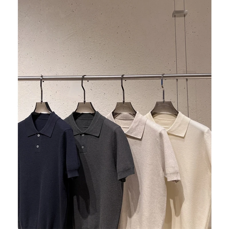 极简老钱莱赛尔天丝亚麻立挺翻领polo针织衫男T恤高知松弛感上衣