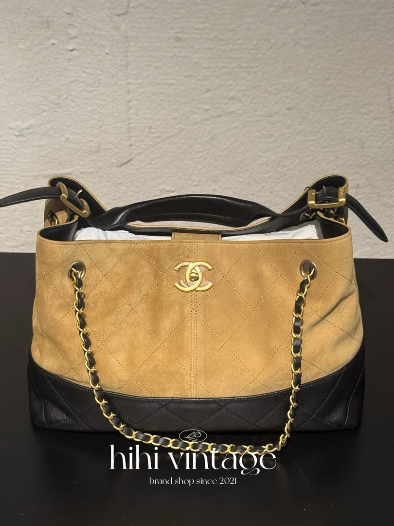 未使用 Chanel/香奈儿 25A 拼色金扣麂皮拼皮手提hobo14560957 XB