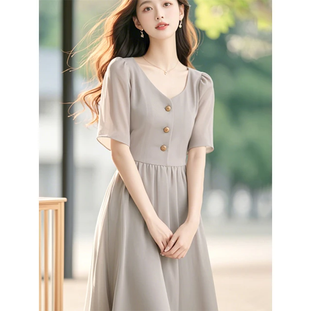 2025新款夏季端庄大气长裙超好看灰色雪纺短袖连衣裙子女简单大方