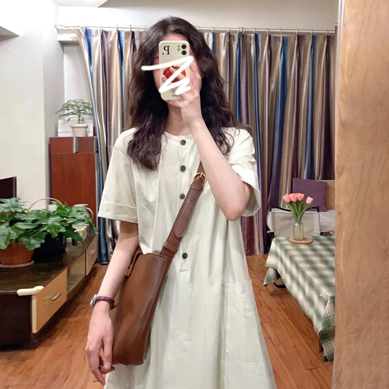 2869茶歇法式衬衫连衣裙子夏季女2025新款小个子显瘦梨形身材长裙