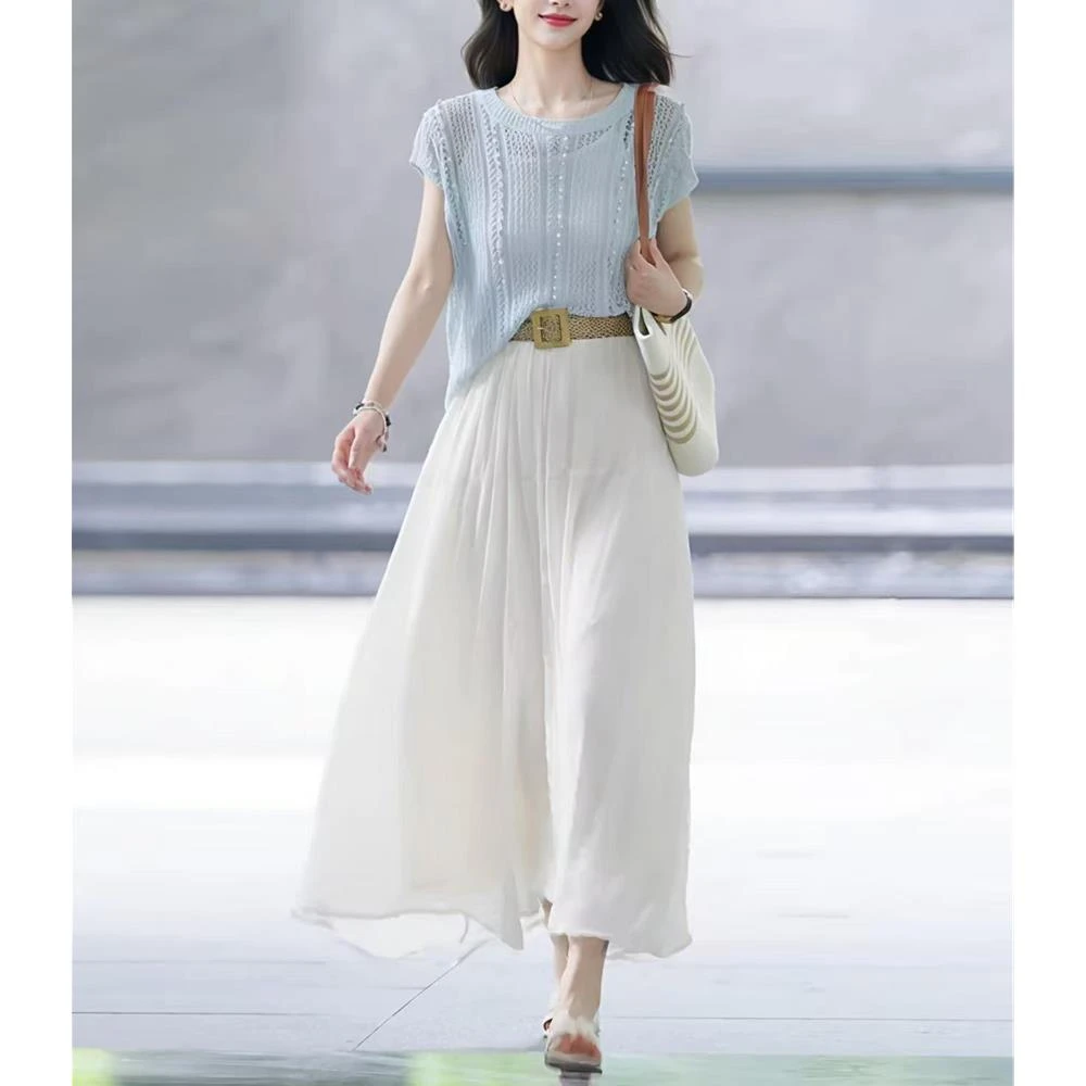 哥弟阿玛施正2025夏季新款镂空冰丝短袖针织衫白色飘逸半身裙套装