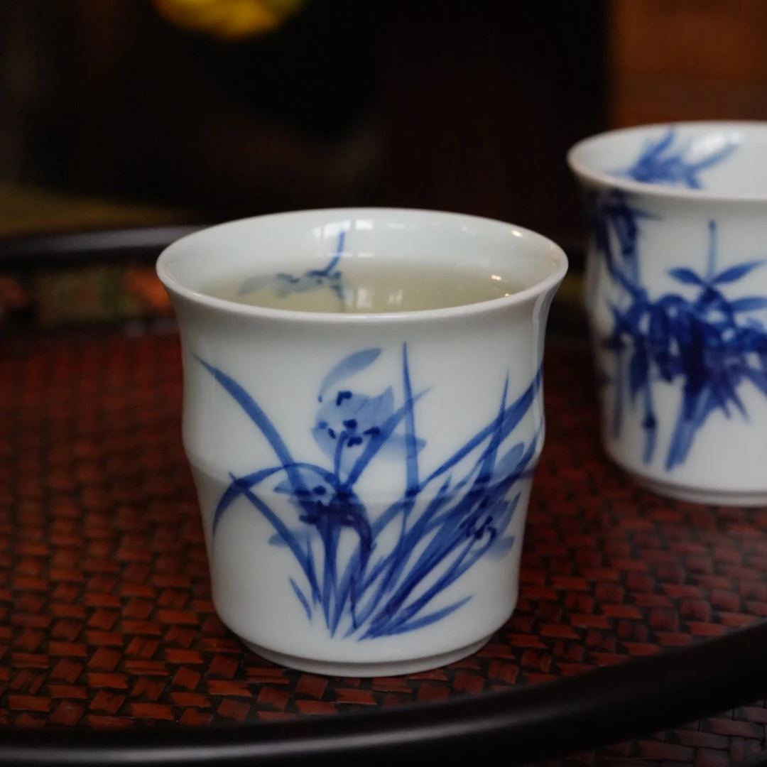 【品遗敬仁】『竹节杯70c』品遗HL青花写意花卉闻香杯 口径5.4高5.3