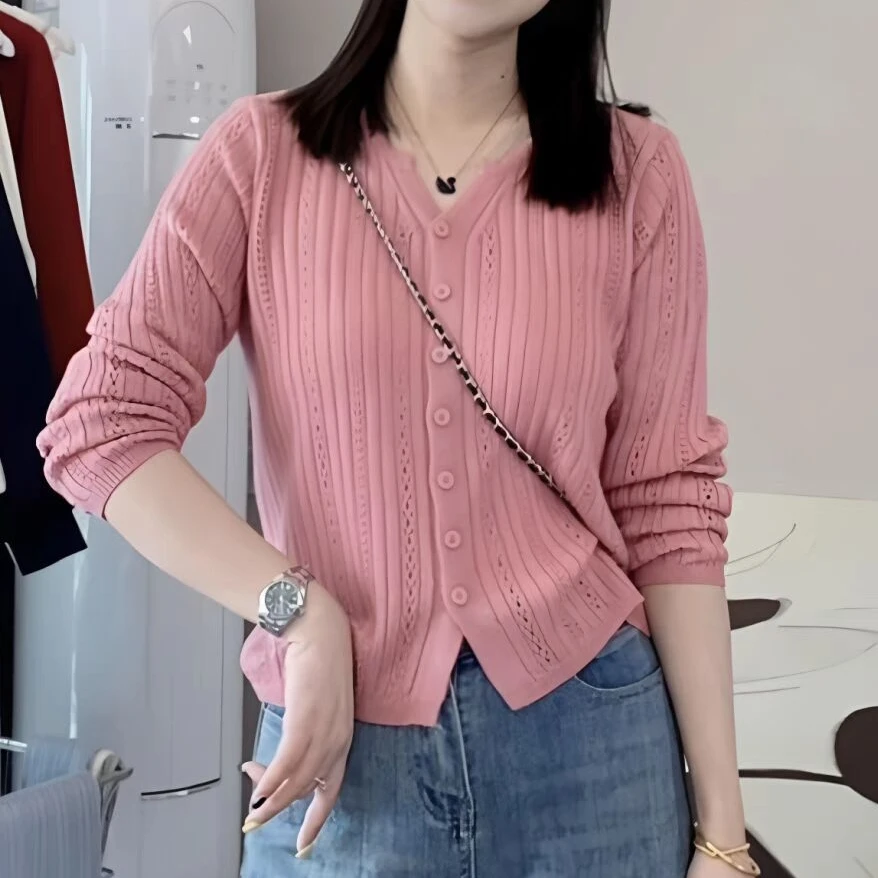小香风镂空V领长袖针织开衫时尚百搭洋气薄款宽松气质短款上衣